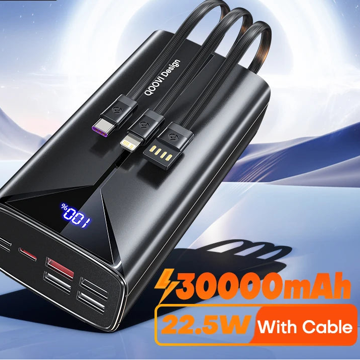 30000mAh Power Bank 22.5W Fast Charging Portable Charger Built-in Cable for iPhone Samsung Xiaomi