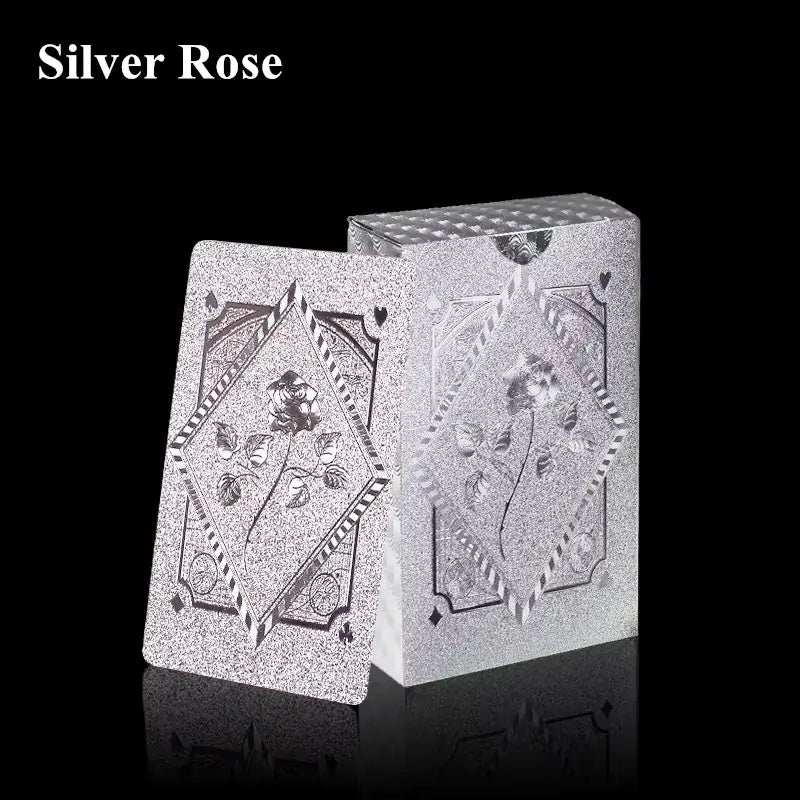Silver Rose playing card design in a sleek box, perfect for magic, poker games, and stylish gifts.