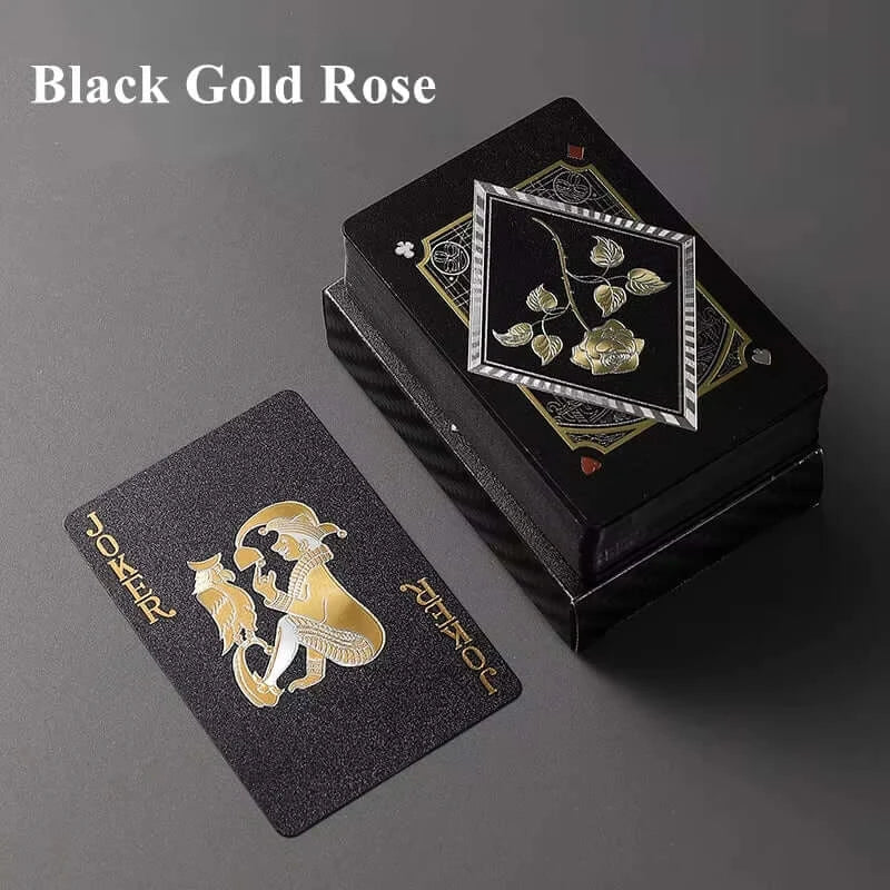 Black Gold Rose playing card set with decorative box and unique Joker card design. Ideal for poker and magic games.
