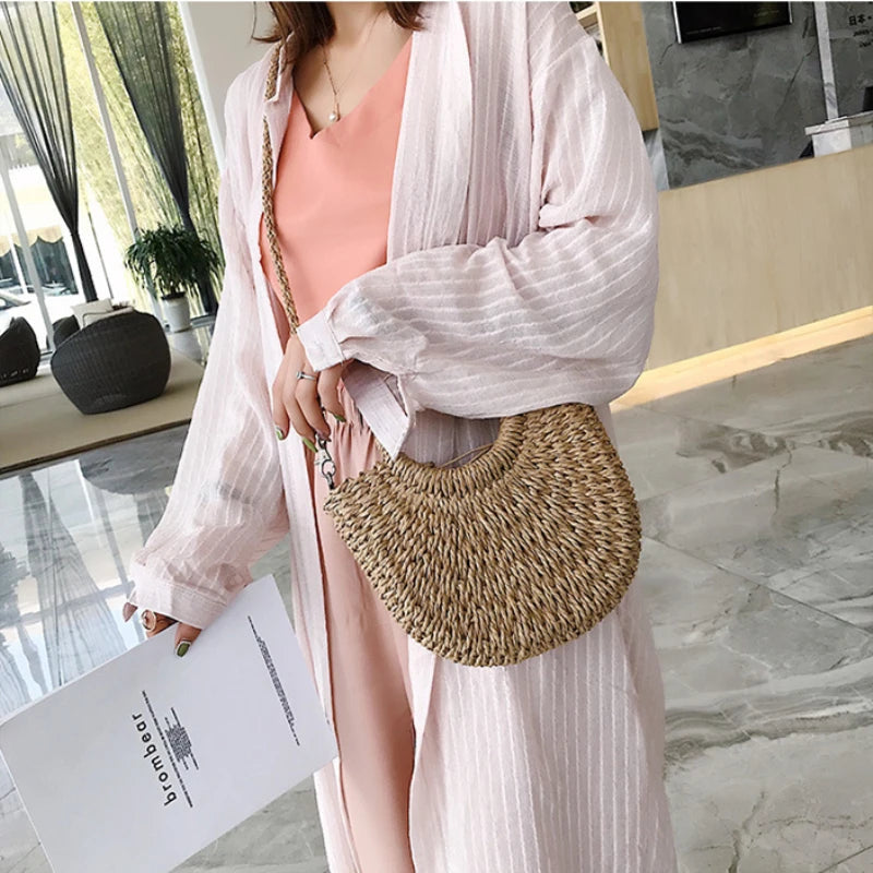 Moon-Shaped Handmade Straw Beach Bag – Boho Chic Summer Tote Handbag for Women & Holiday Travel