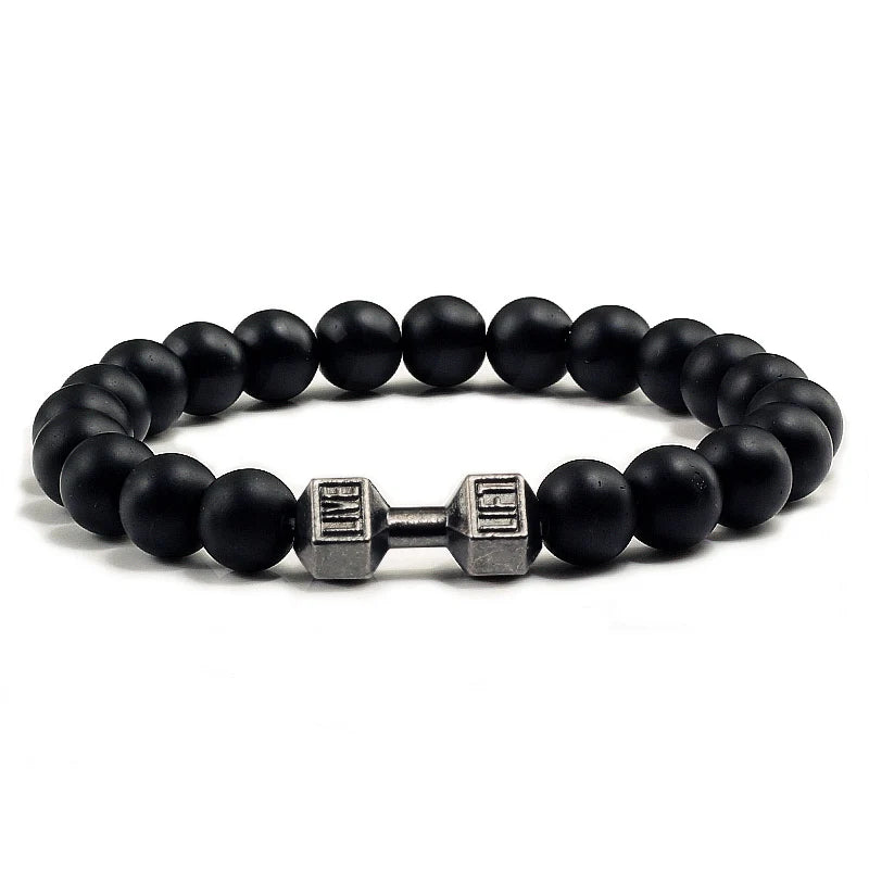 Natural Lava Stone Bead Bracelet for Men & Women with Dumbbell Charm Fitness Jewellery