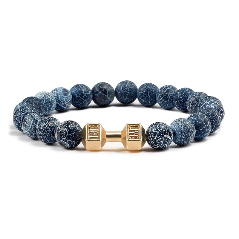 Natural Lava Stone Bead Bracelet for Men & Women with Dumbbell Charm Fitness Jewellery
