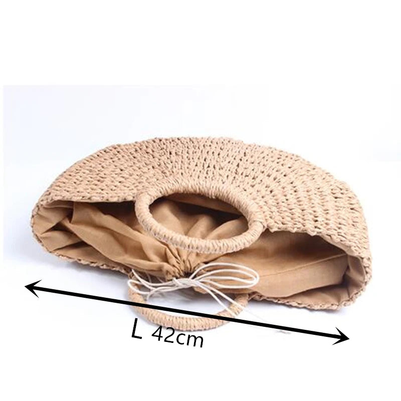 Moon-Shaped Handmade Straw Beach Bag – Boho Chic Summer Tote Handbag for Women & Holiday Travel