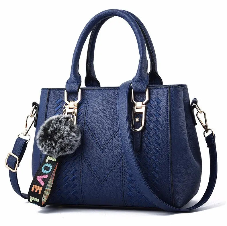 YOGODLNS Women's Embroidery Messenger Bag Leather Handbag Satchel with Fur Hair Ball Accessory