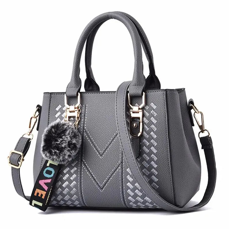 YOGODLNS Women's Embroidery Messenger Bag Leather Handbag Satchel with Fur Hair Ball Accessory