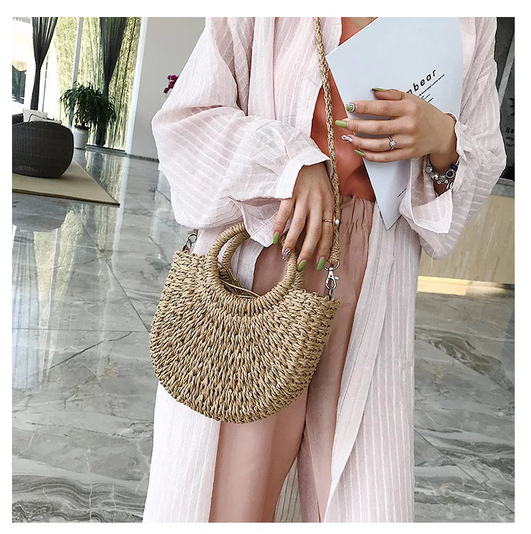 Moon-Shaped Handmade Straw Beach Bag – Boho Chic Summer Tote Handbag for Women & Holiday Travel