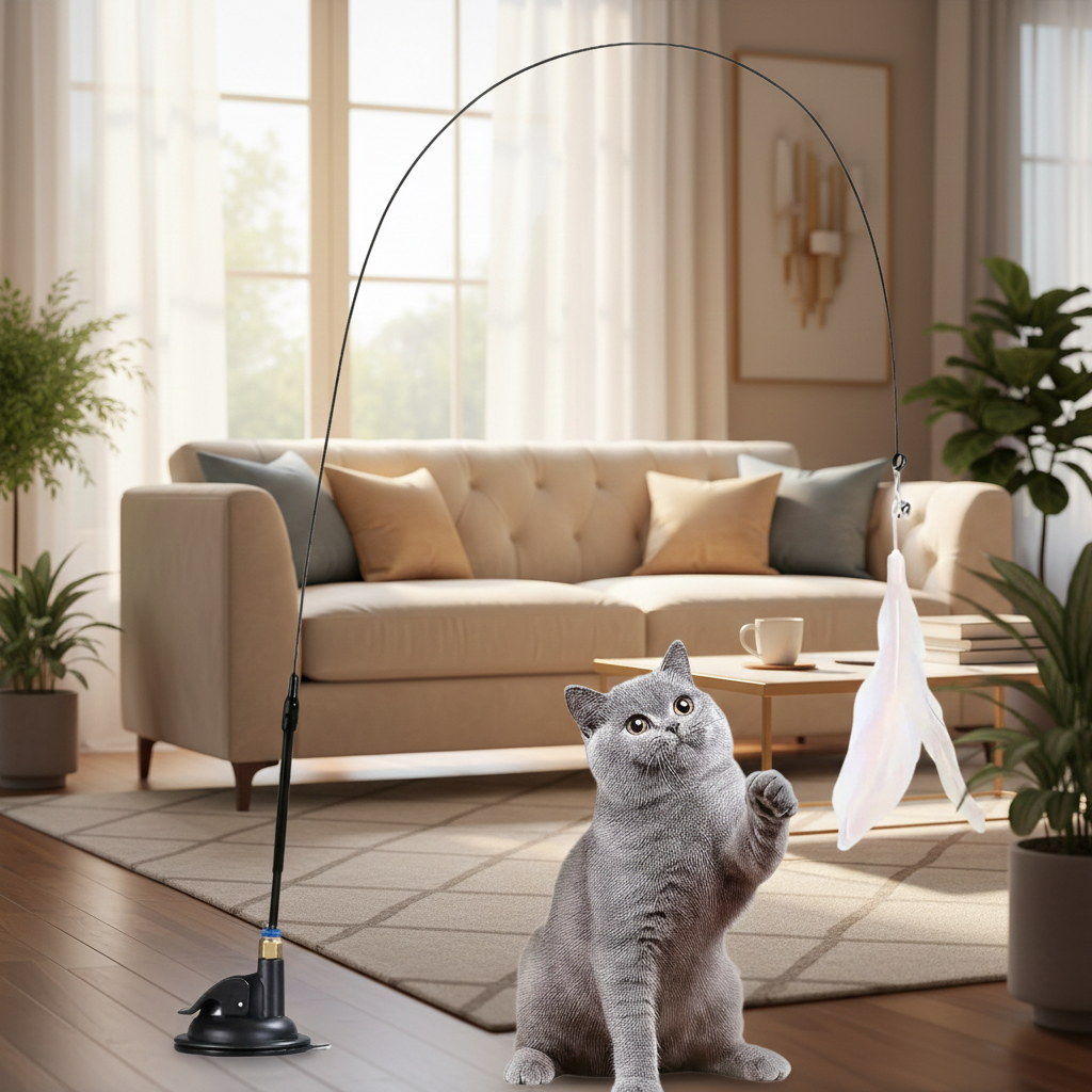 Interactive Cat Teaser Toy with Bell & Feather Wand – Long Suction Cup Pole for Active Playtime Fun