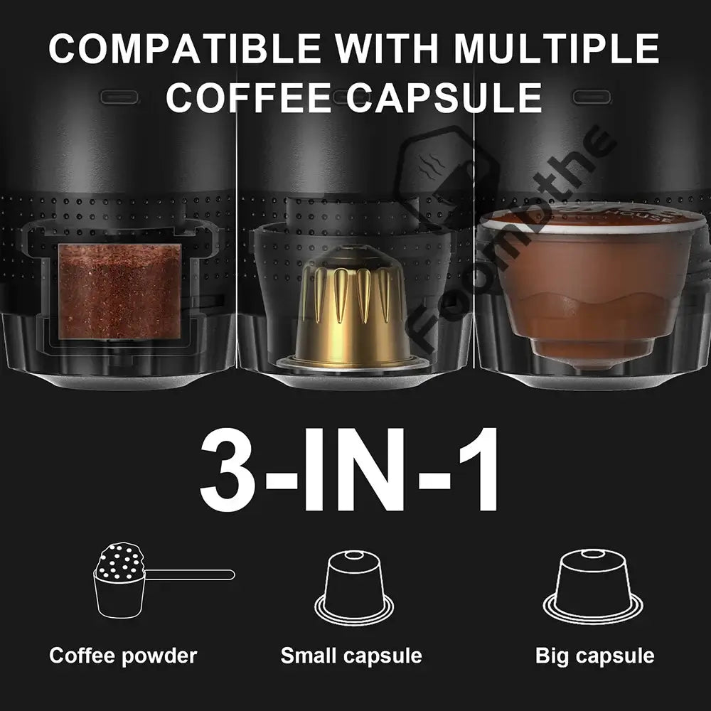 3-in-1 travel coffee maker compatible with coffee powder, small capsules, and big capsules.