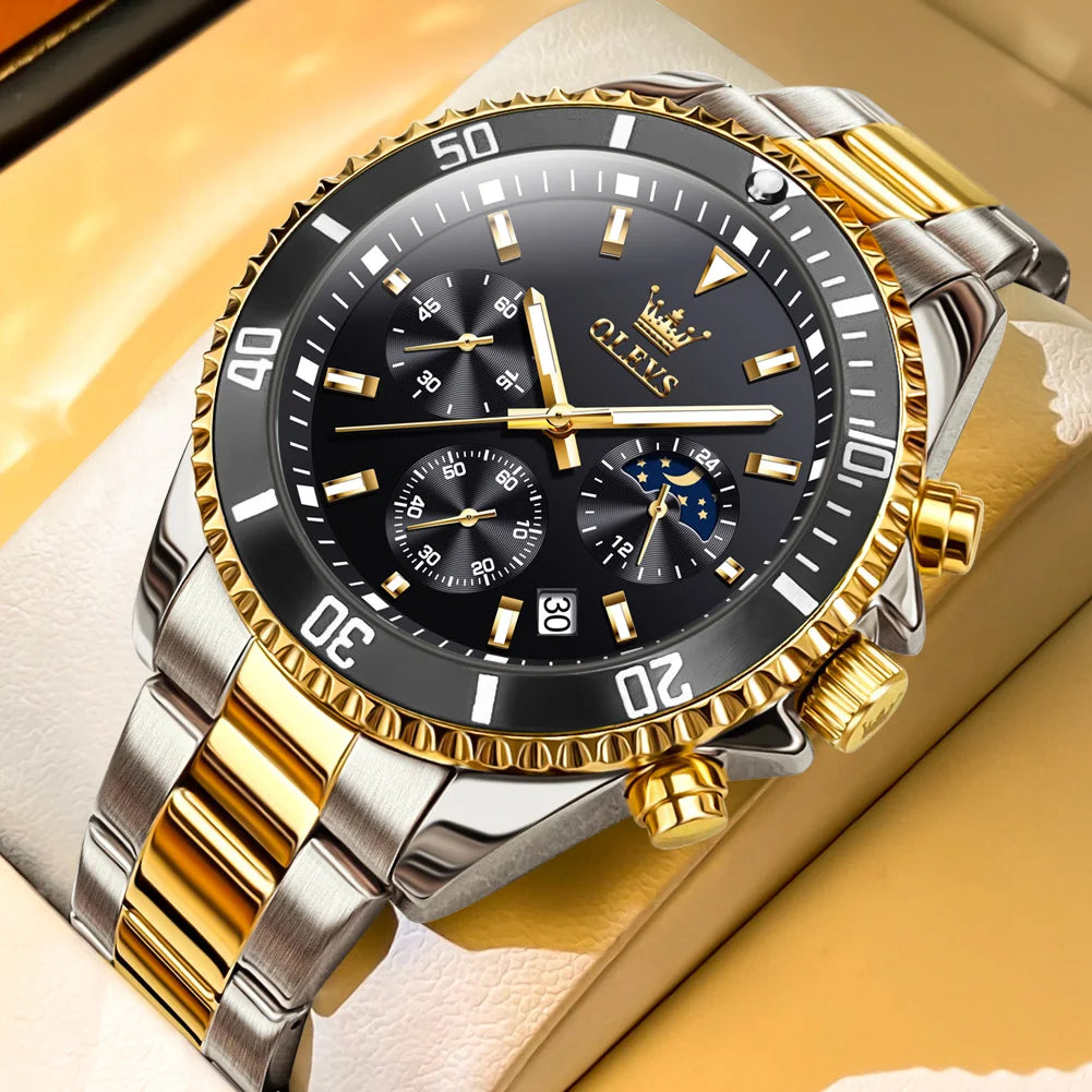 OLEVS 2870 LUXURY GOLDEN WATCH FOR MEN BUSINESS FASHION WATERPROOF QUARTZ MOON PHASE TIMEPIECE