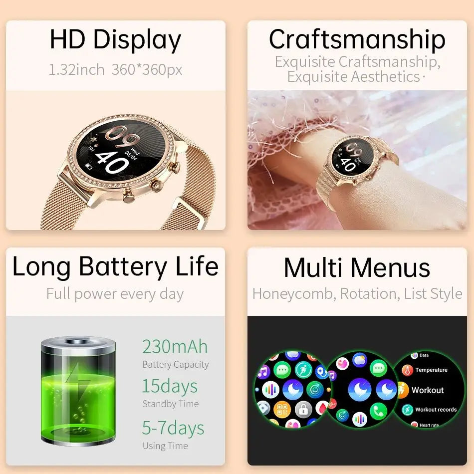 RollsTimi elegant women’s smart watch bluetooth calls blood pressure heart rate fitness fashion watch