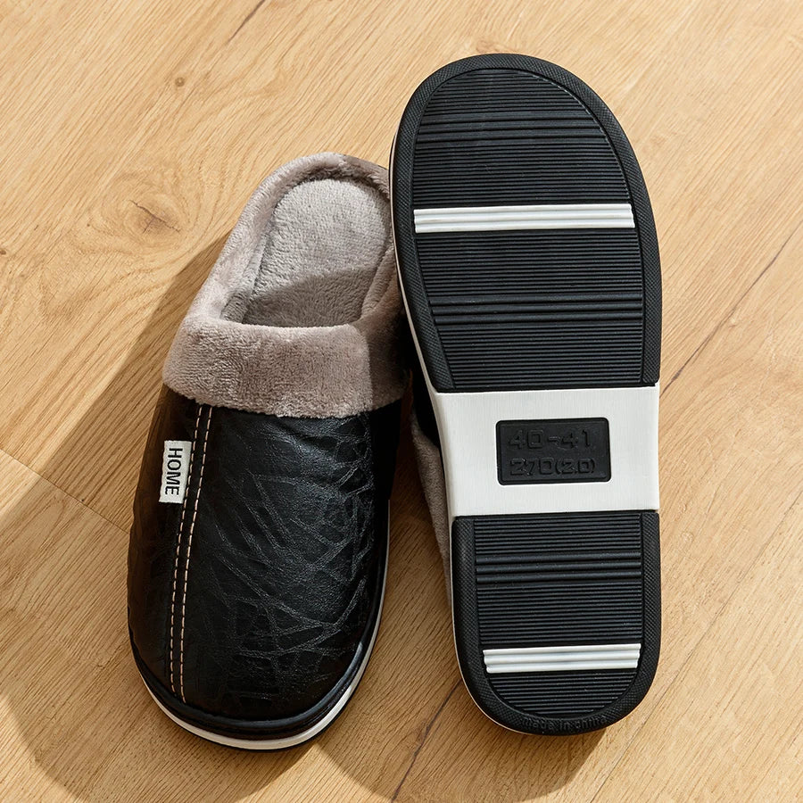 Men's Waterproof PU Leather Slippers – Big Size Indoor Fur-Lined House Shoes