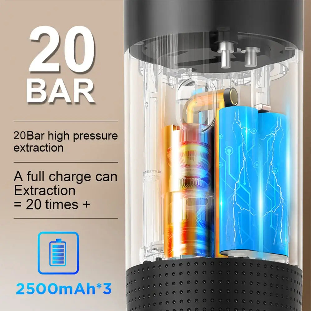 Close-up of portable espresso machine showing 20 Bar high pressure extraction and 2500mAh battery for optimal coffee brewing.