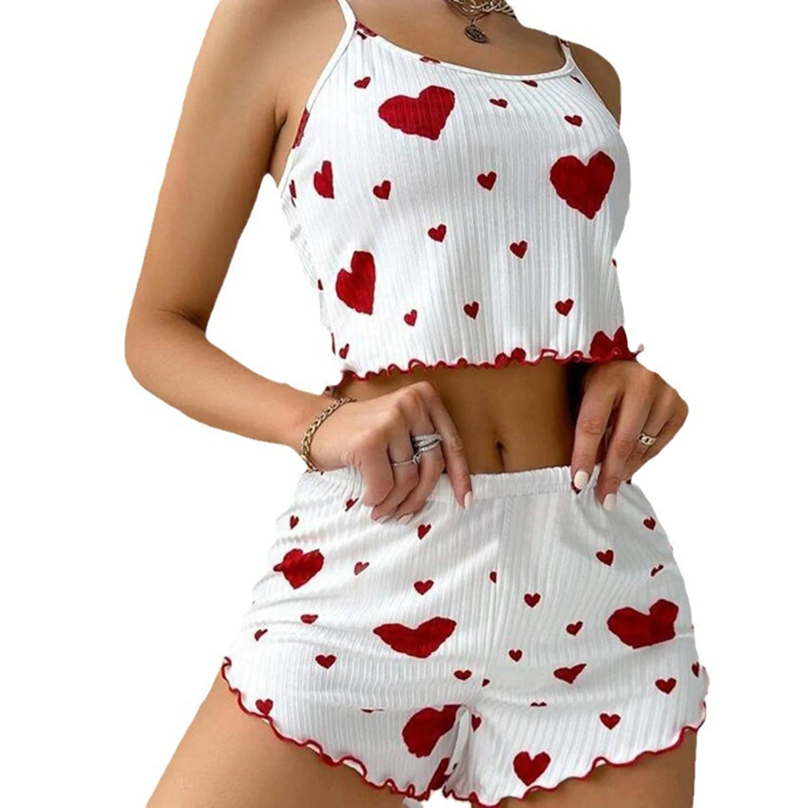 Women's summer pajamas set featuring a soft tank top and heart-patterned shorts for comfortable lounging.