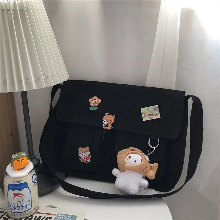 Cute Canvas Shoulder Bag for Women – Harajuku Crossbody Messenger Pouch, Casual Small Bag for Girls