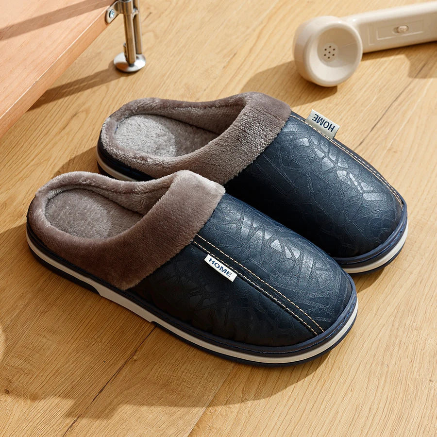 Men's Waterproof PU Leather Slippers – Big Size Indoor Fur-Lined House Shoes