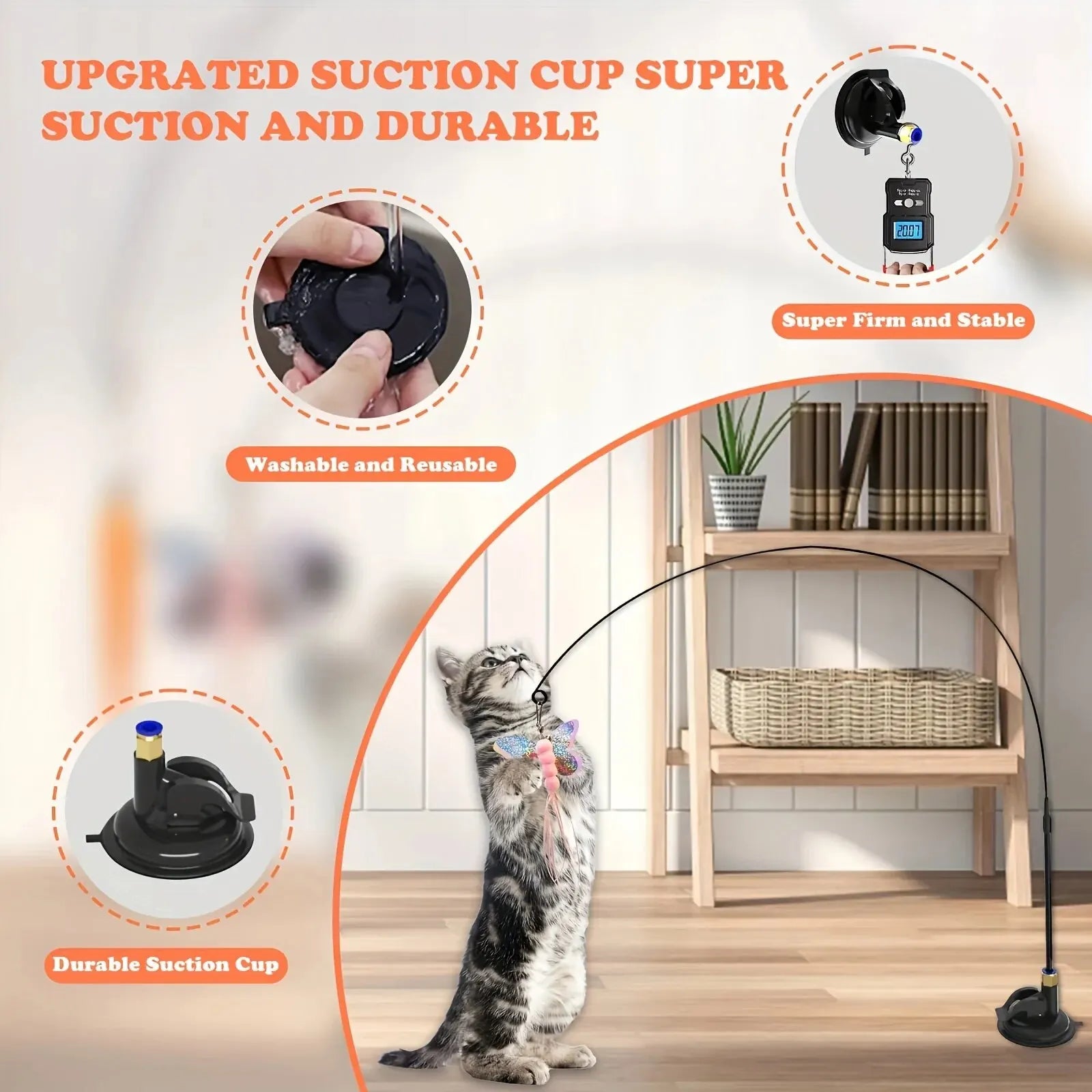 Interactive Cat Teaser Toy with Bell & Feather Wand – Long Suction Cup Pole for Active Playtime Fun