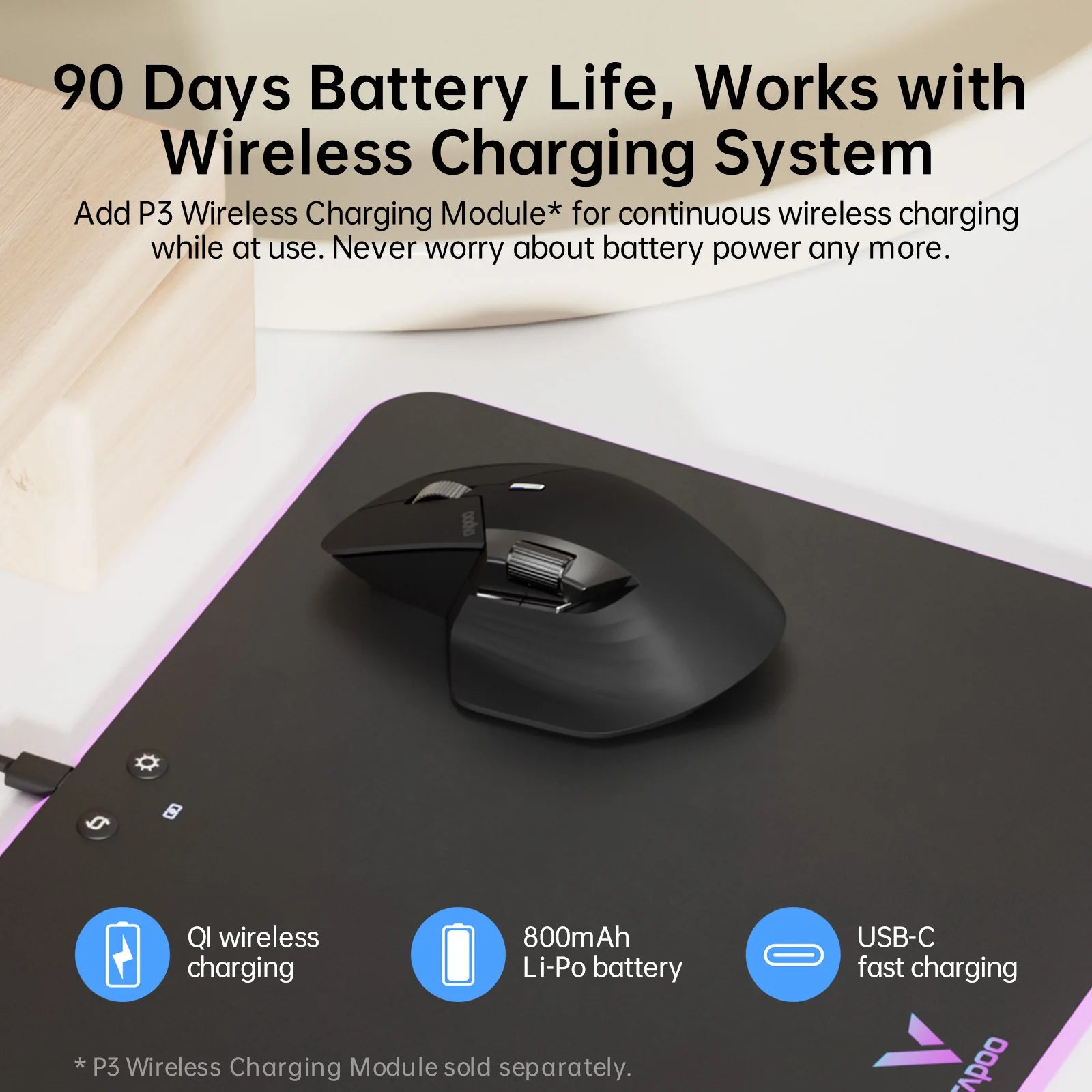 RAPOO MT760L Multi-Device Wireless Mouse Bluetooth Ergonomic 4000DPI Rechargeable Laser Mouse