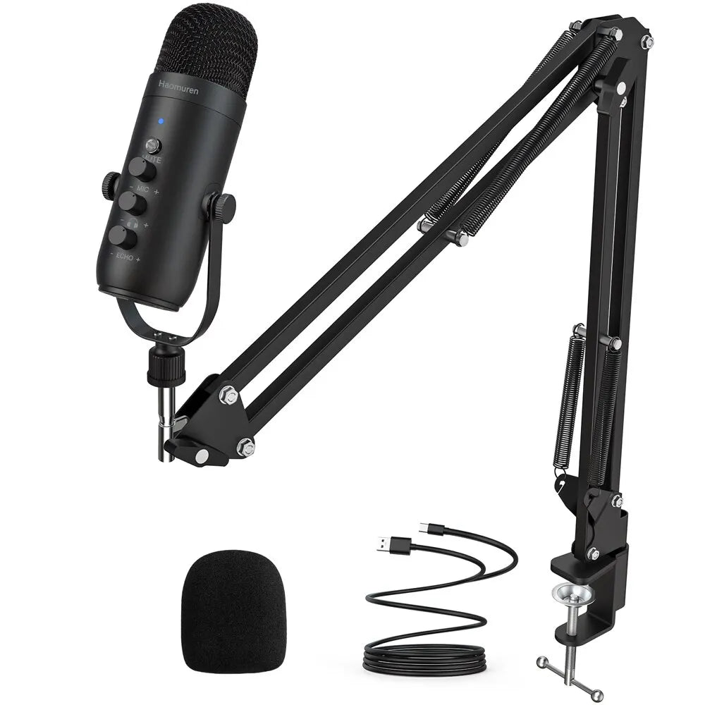 HAOMUREN Professional USB Cardioid Condenser Microphone Kit with Boom Arm for Streaming & Recording