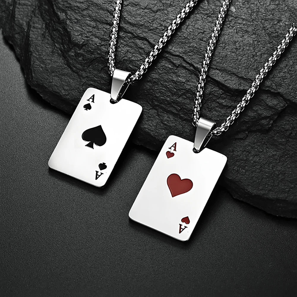 Hip Hop Stainless Steel Poker Card Necklace Ace of Spades & Hearts Pendant Chain Unisex