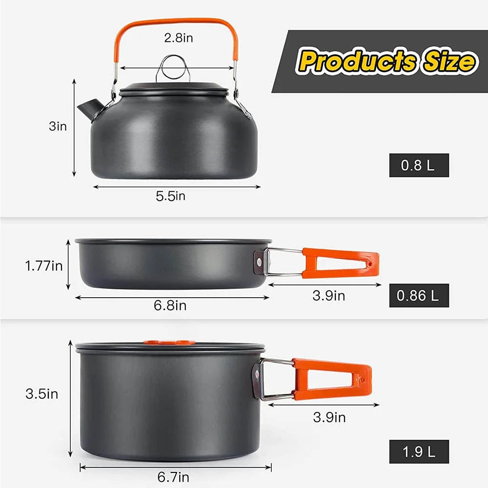 Camping Cookware Set for 2–3 People with Non-Stick Pots Pan and Teapot for Outdoor Cooking