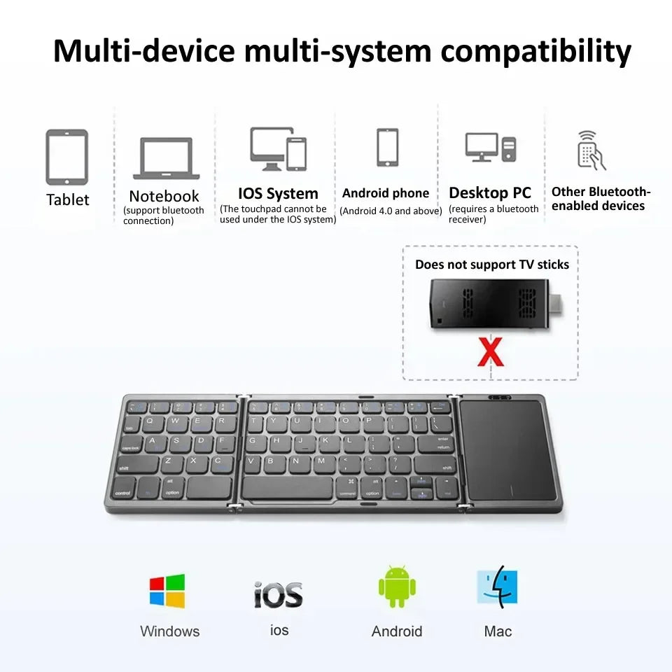 3-Folding Mini Wireless Keyboard with Touchpad Bluetooth for Windows iOS Android Tablet Compact