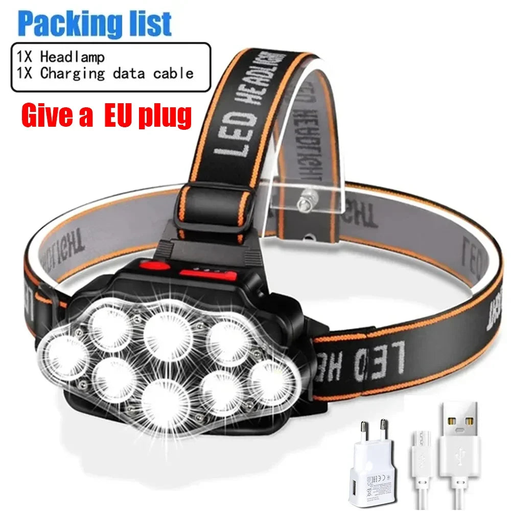 8 LED Rechargeable Headlamp, Waterproof Design, 4 Light Modes for Camping, Hiking, Fishing and Work