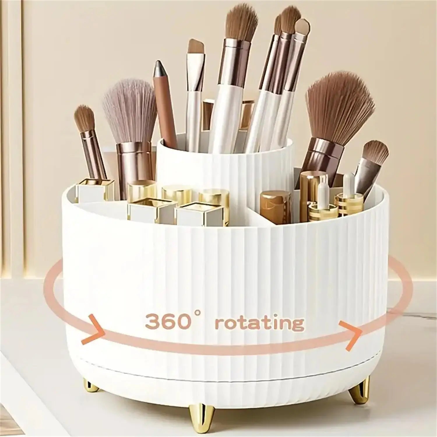 360° Rotating Makeup Organiser with 5 Compartments Plastic Cosmetic Brush Storage Holder Stand Tray!