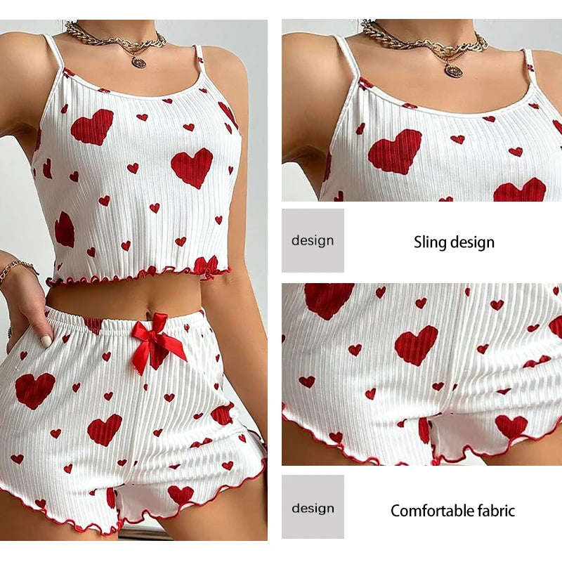 Women's summer pajama set with heart pattern, soft tank top and shorts, perfect for comfort and style.