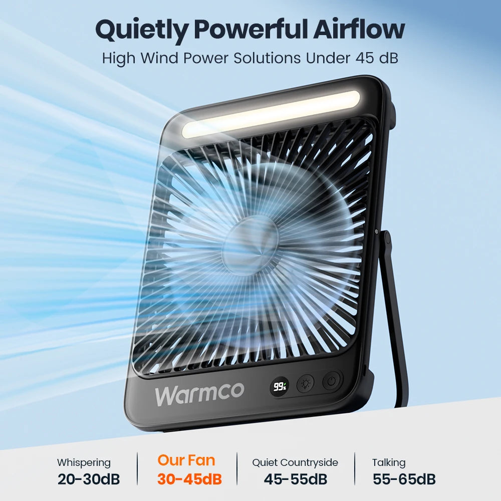 WARMCO D4 Portable Desk & Camping Fan – 20000mAh Rechargeable, Silent, LED Light, 48H Runtime