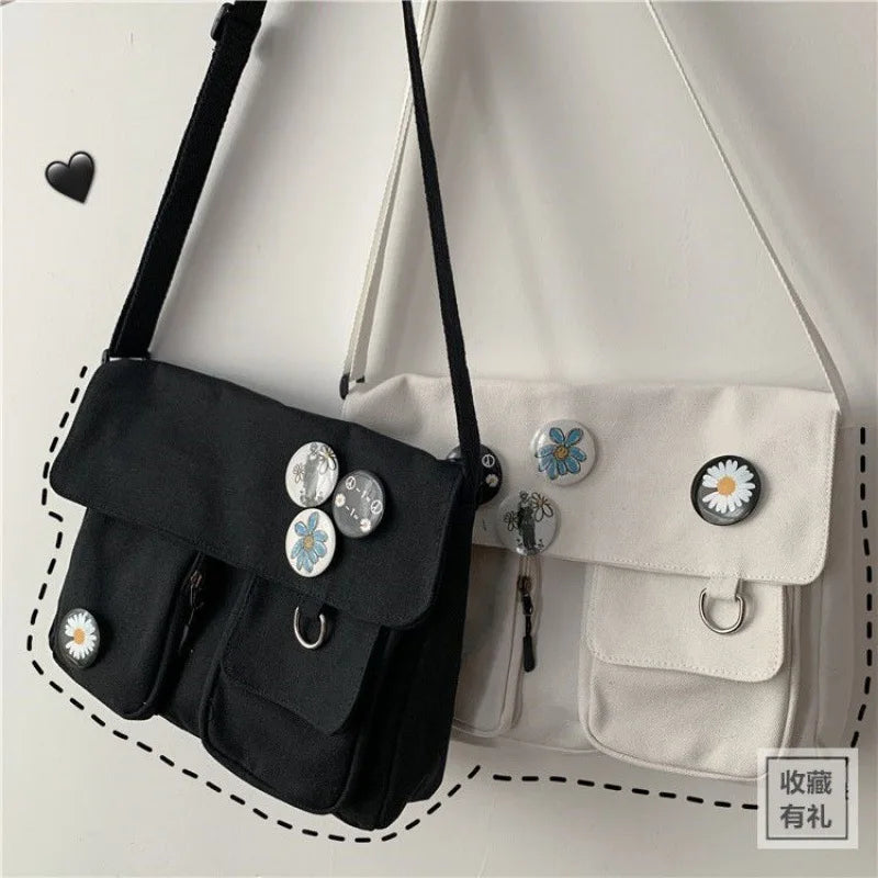 Cute Canvas Shoulder Bag for Women – Harajuku Crossbody Messenger Pouch, Casual Small Bag for Girls