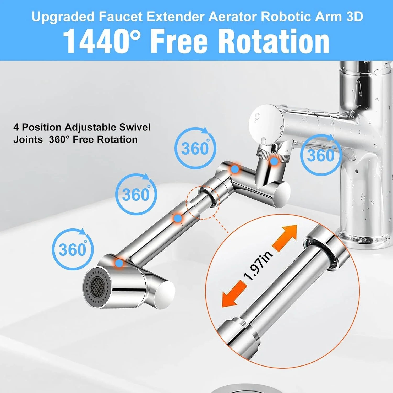 1440° Swivel Robotic Arm Faucet Aerator with Retractable Extension Universal Fit and Dual Flow Modes