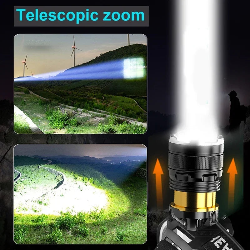 Powerful LED headlamp rechargeable XHP50 sensor zoom high lumen fishing camping outdoor light
