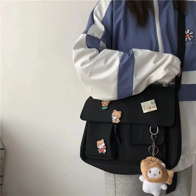 Cute Canvas Shoulder Bag for Women – Harajuku Crossbody Messenger Pouch, Casual Small Bag for Girls