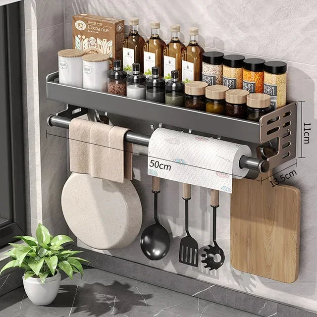 Multi-Functional Wall-Mounted Kitchen Storage Rack | Metal Seasoning & Condiment Organiser