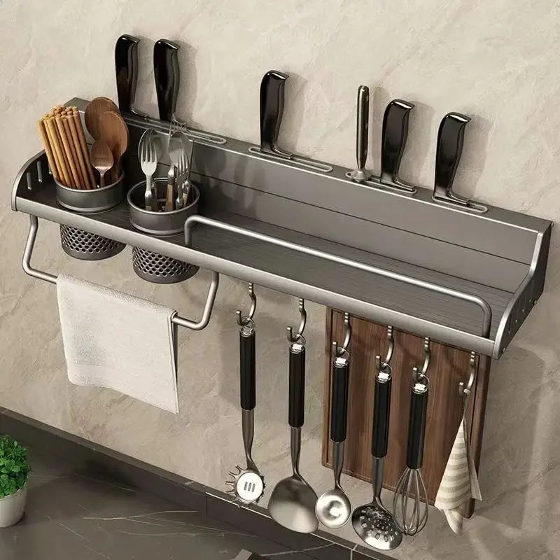 Multifunctional Kitchen Storage Rack Wall-Mounted Spice Holder Cutting Board & Utensils Organiser
