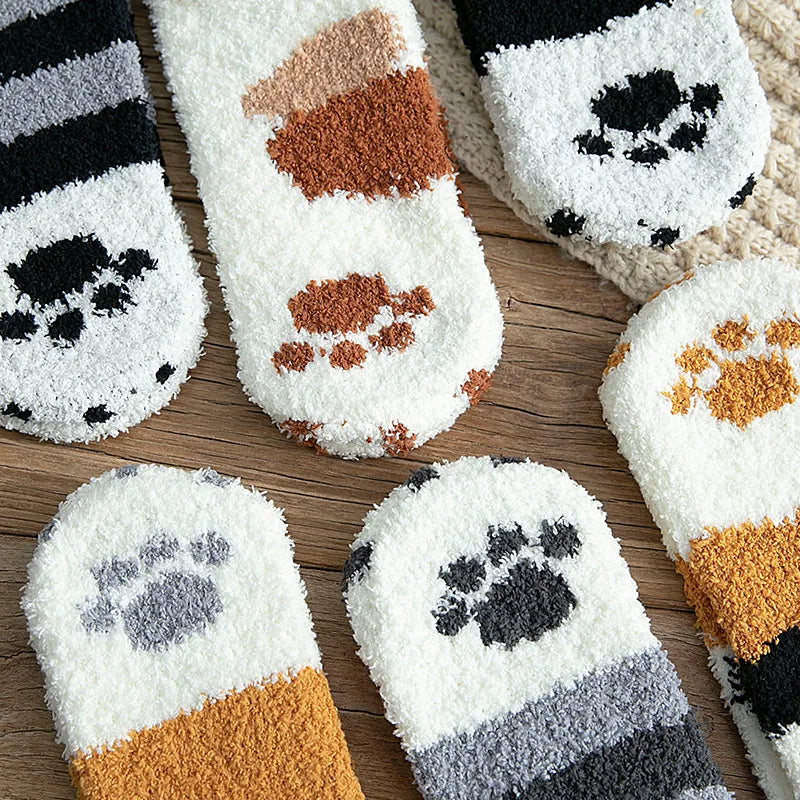 Autumn Winter Coral Velvet Cat Claw Socks – Warm Middle Tube Sleep & Floor Socks for Women Girls