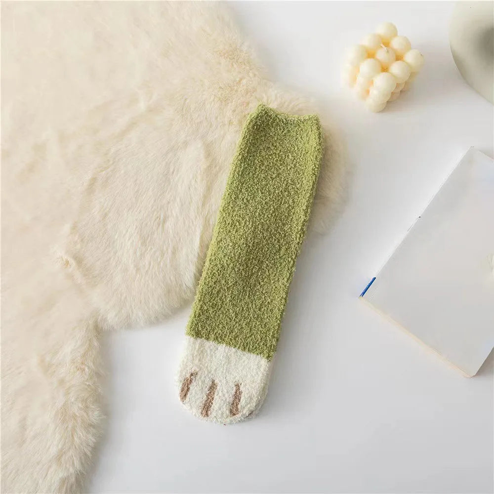 Autumn Winter Coral Velvet Cat Claw Socks – Warm Middle Tube Sleep & Floor Socks for Women Girls