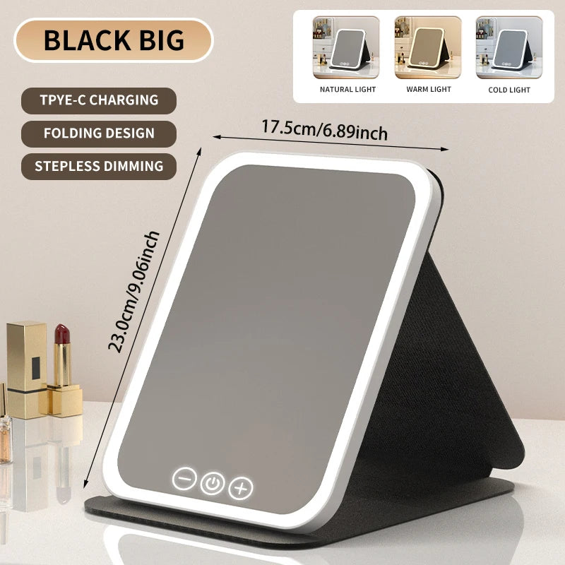 LED Makeup Mirror 3-Colour Dimmable Touch Screen Foldable Rechargeable Tabletop Travel Home