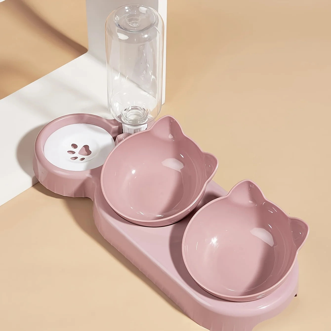 3 in 1 Tilted Cat Bowl Set with Gravity Water Bottle Feeder for Neck Protection | No Brand Name