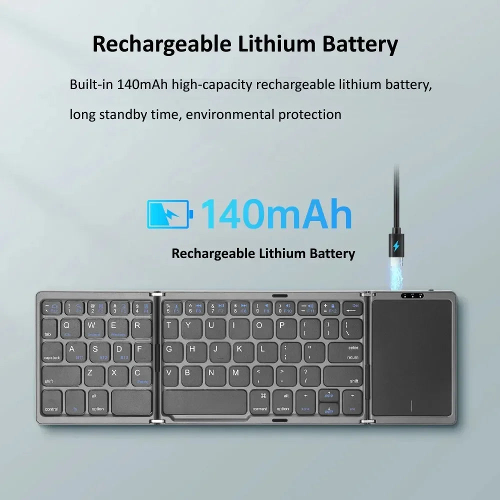 3-Folding Mini Wireless Keyboard with Touchpad Bluetooth for Windows iOS Android Tablet Compact