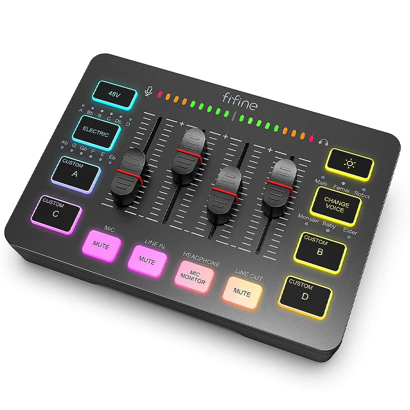 FIFINE 4 Channel RGB Gaming Audio Mixer with XLR Interface for Streaming, Podcasts and Dual-PC Setups