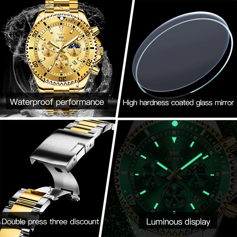 OLEVS 2870 LUXURY GOLDEN WATCH FOR MEN BUSINESS FASHION WATERPROOF QUARTZ MOON PHASE TIMEPIECE
