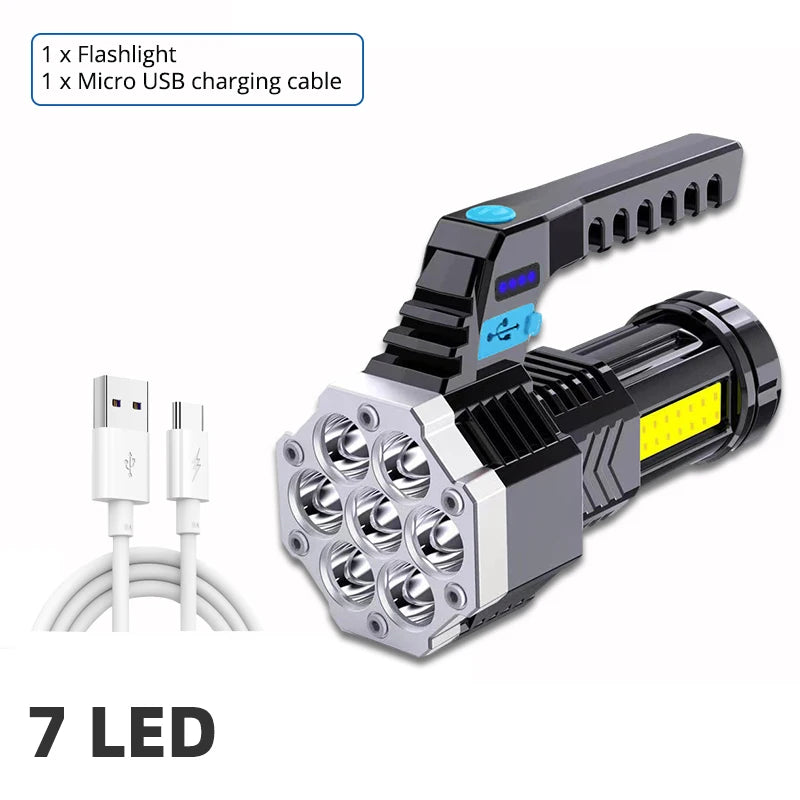 SHUSTAR High Power USB Rechargeable LED Flashlight 7 LED Torch with COB Side Light for Camping