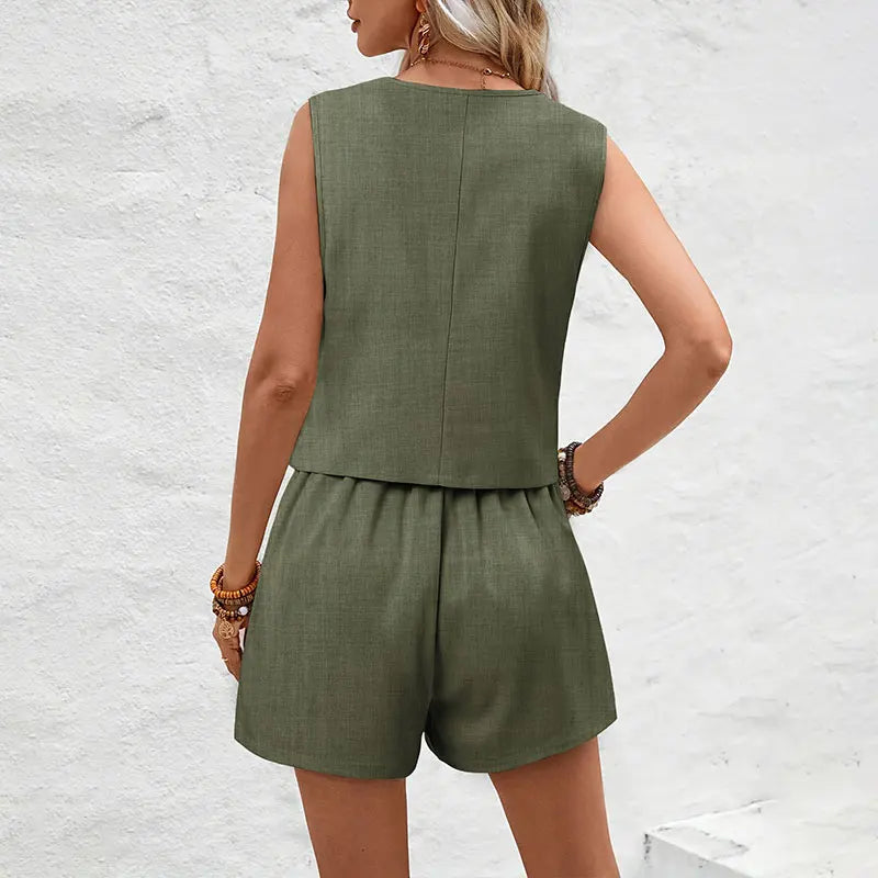Women’s Elegant Waistcoat & High-Waist Shorts Set Summer Office Slim Two-Piece Outfit Suit Set.