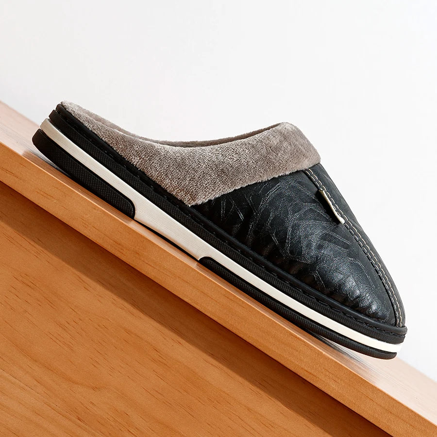 Men's Waterproof PU Leather Slippers – Big Size Indoor Fur-Lined House Shoes