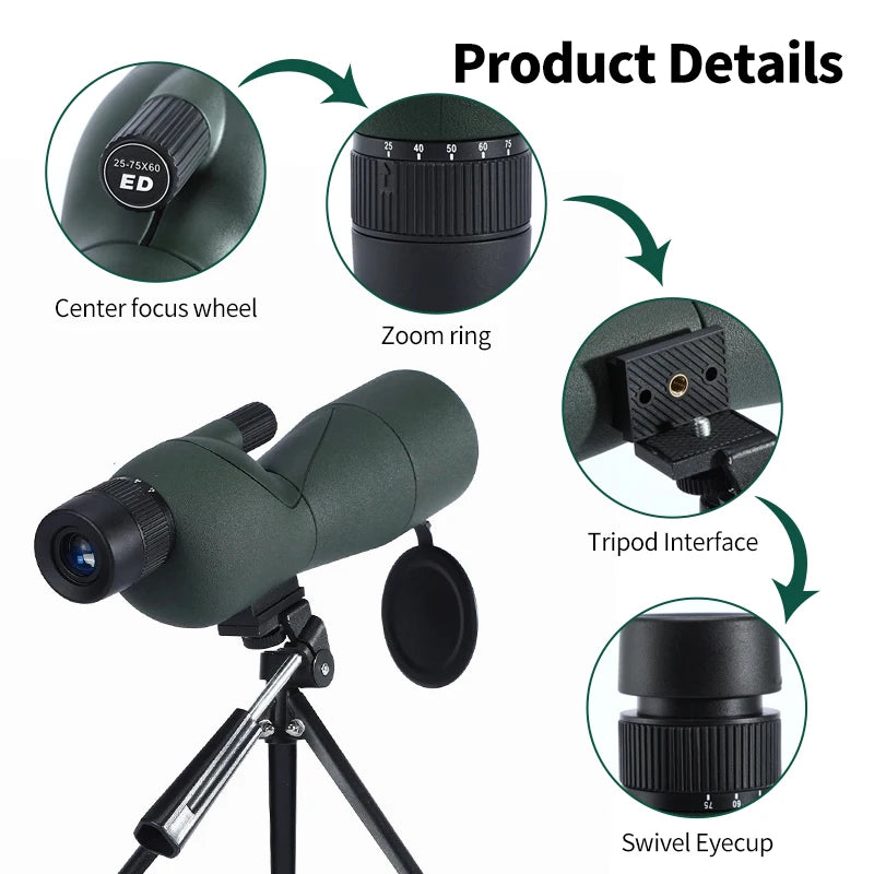 25-75x60 Zoom Spotting Scope ED Lens Monocular BAK4 Prism Telescope for Bird Watching Outdoor