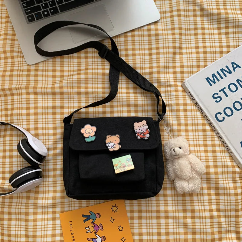 Cute Canvas Shoulder Bag for Women – Harajuku Crossbody Messenger Pouch, Casual Small Bag for Girls