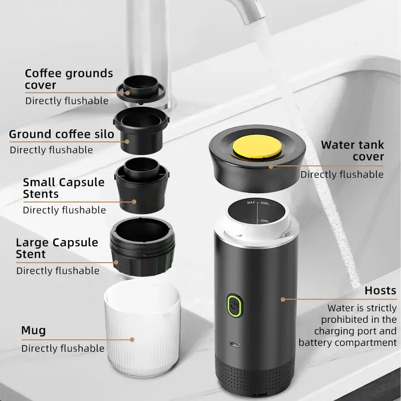 Components of a portable espresso coffee machine including water tank cover and coffee grounds cover.