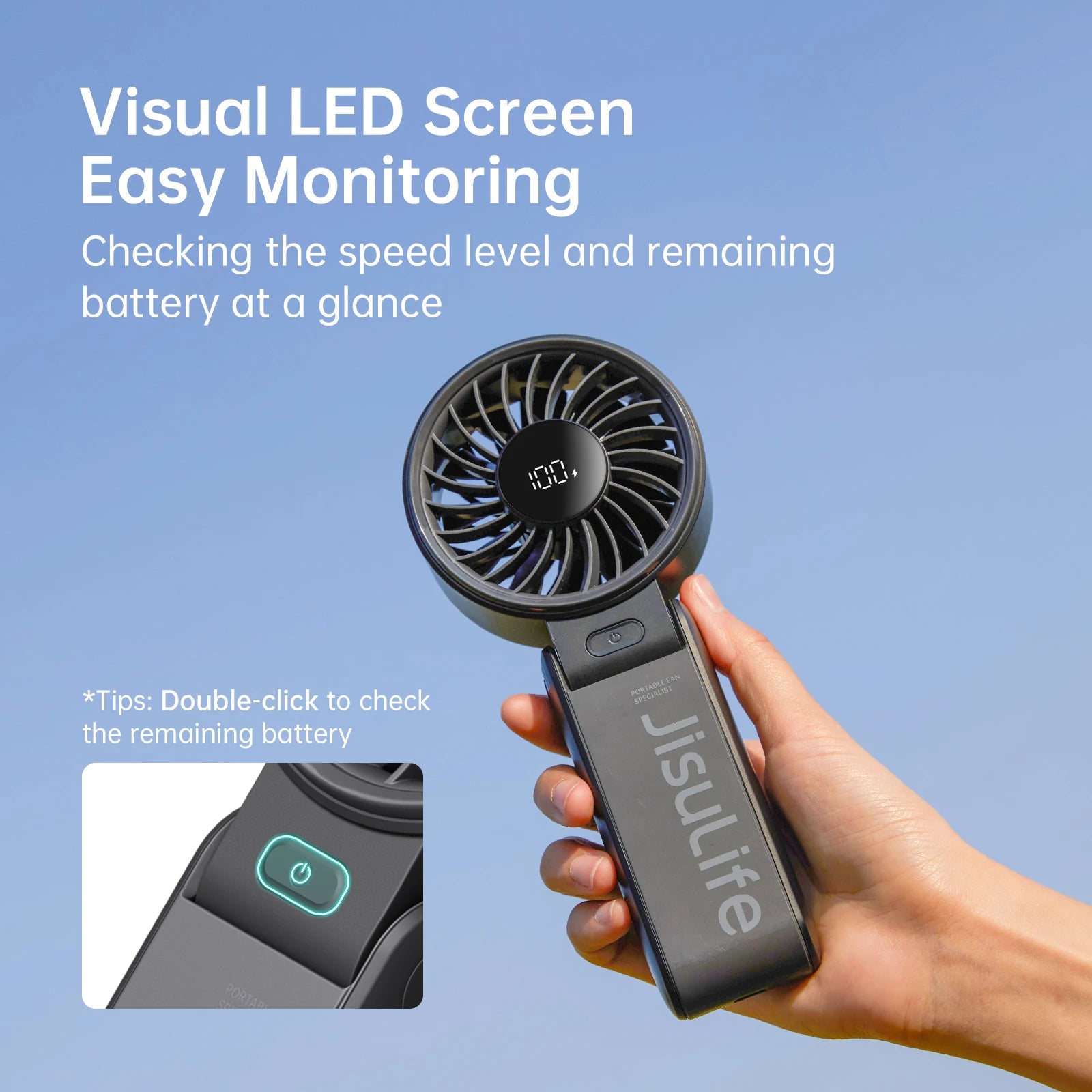 JISULIFE Portable Handheld Fan with LED Display, 5000mAh Battery, 5 Speed Modes, Foldable 3-in-1