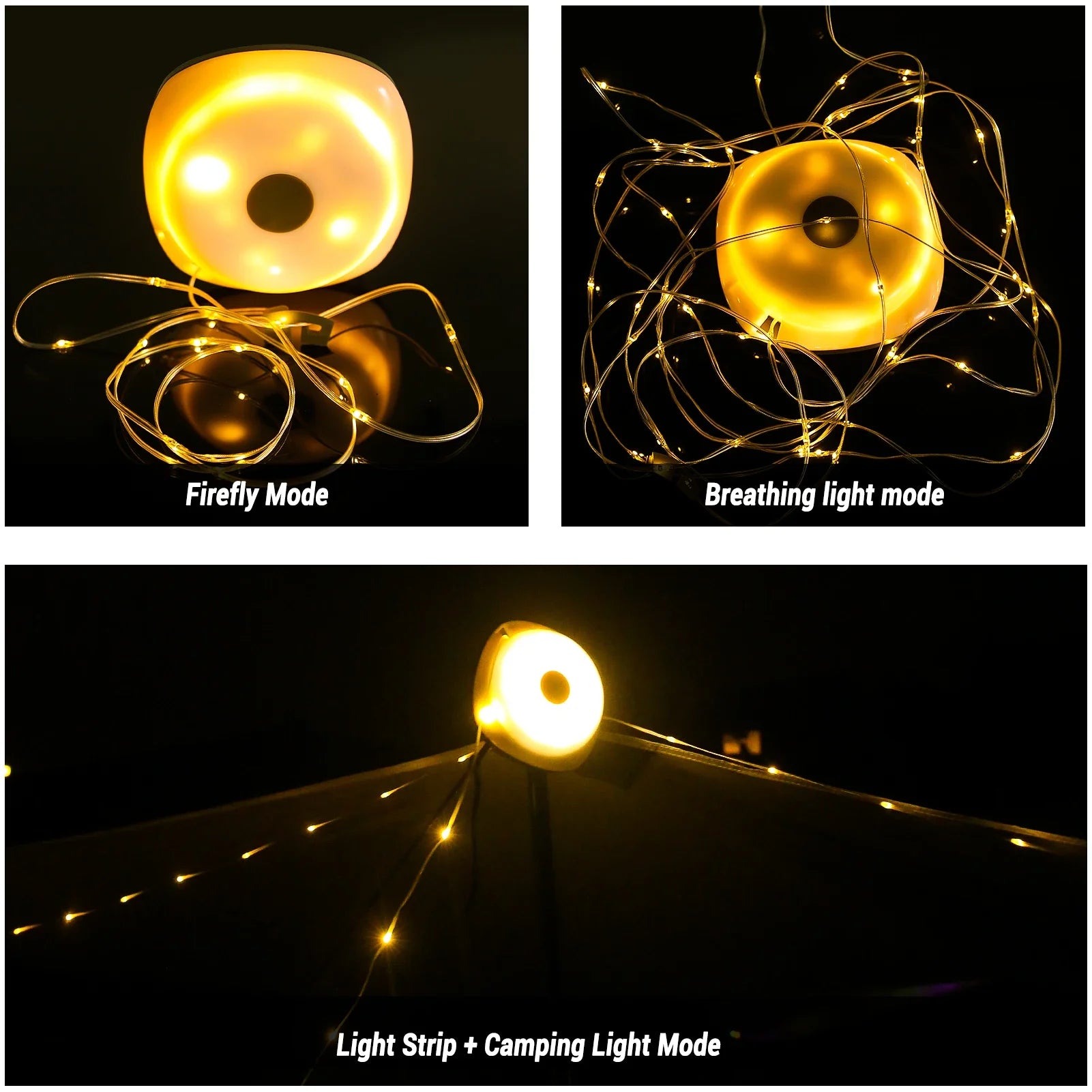 Camping String Lights 33ft Rechargeable Lanterns 2-in-1 Outdoor LED Strip with 2000mAh Battery IPX6